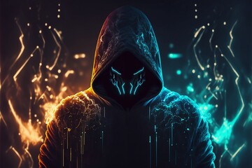 Abstract hooded hacker with hidden face,Technology cyberpunk background ,Cinematic ,Generative ai