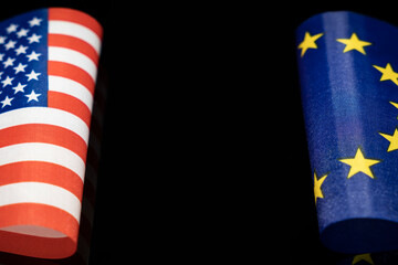 flags of the USA and European Union on a black background. The concept of interaction or counteraction between the two countries. International relations. political negotiations. copy space. - obrazy, fototapety, plakaty