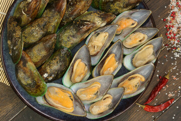 green mussel clam in shell closeup photo