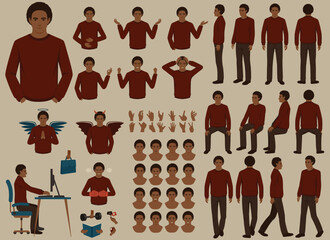 Vector black african man character casual poses set in flat style. Full length, gestures, emotions, front, side, back view.