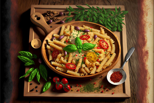 A delicious and beautiful pasta dish with herbs and vegetables. Generative AI
