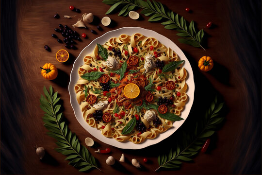 A delicious and beautiful pasta dish with herbs and vegetables. Generative AI