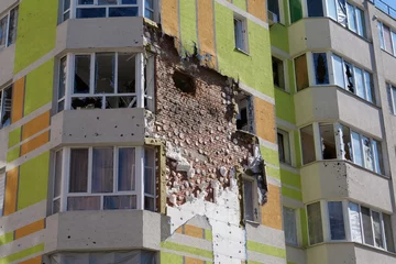 Fotobehang Russian terrorist army destroyed dwelling houses,killed people in Irpin, Ukraine © Harmony Video Pro
