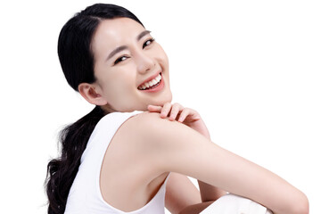 Studio shot of Beautiful young Asian woman with clean fresh skin on transparent background, Face...