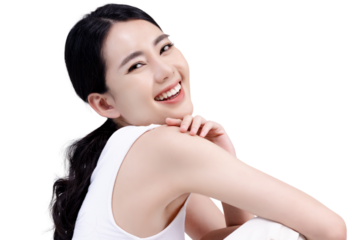 Studio shot of Beautiful young Asian woman with clean fresh skin on transparent background, Face care, Facial treatment, Cosmetology. PNG file format.