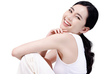 Fototapeta na wymiar Studio shot of Beautiful young Asian woman with clean fresh skin on transparent background, Face care, Facial treatment, Cosmetology. PNG file format.