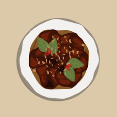 Rendang Daging Sapi or Beef stew traditional food from Padang, Indonesia. The dish is arranged among the spices and herbs used in the original recipe like chili, lemongrass onion. Food illustration