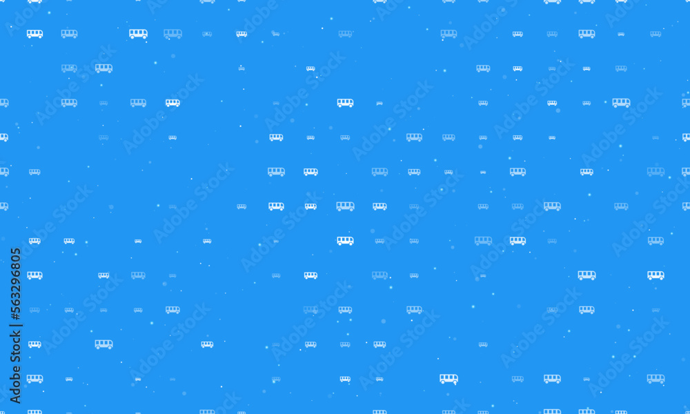 Poster Seamless background pattern of evenly spaced white bus symbols of different sizes and opacity. Vector illustration on blue background with stars