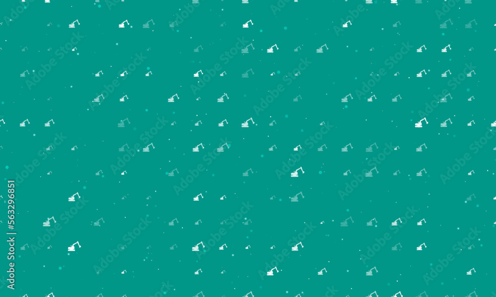 Poster seamless background pattern of evenly spaced white excavator symbols of different sizes and opacity.