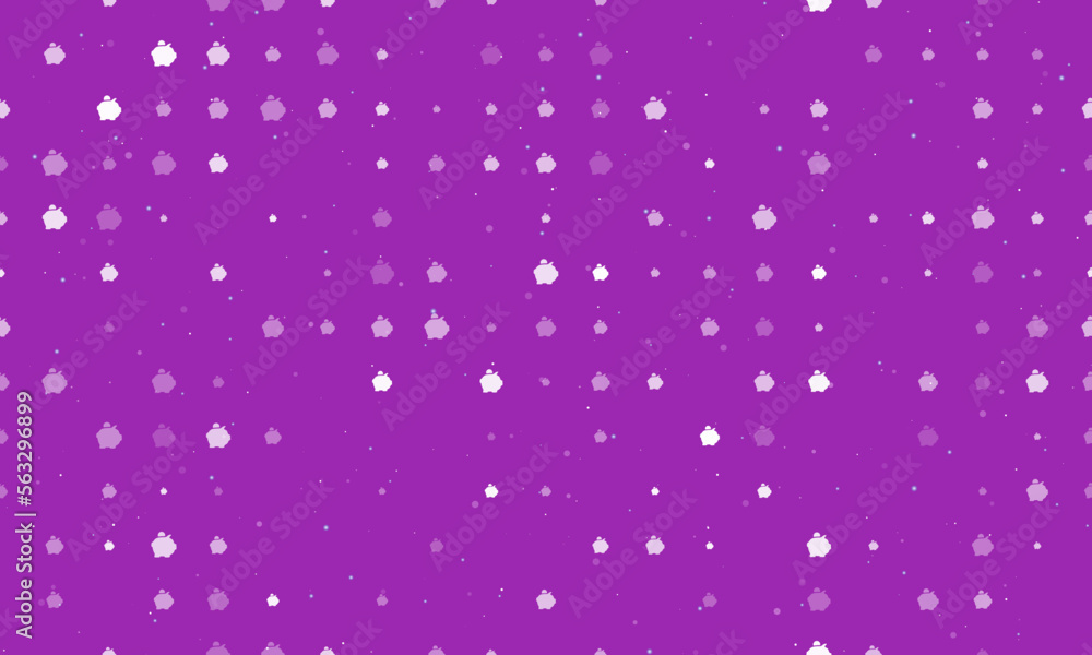 Poster seamless background pattern of evenly spaced white piggy bank symbols of different sizes and opacity