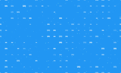 Seamless background pattern of evenly spaced white bus symbols of different sizes and opacity. Vector illustration on blue background with stars