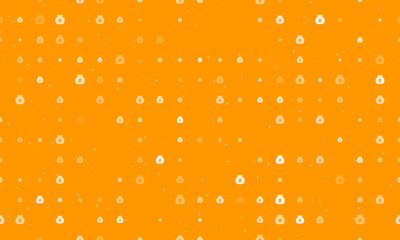 Seamless background pattern of evenly spaced white instant coffee symbols of different sizes and opacity. Vector illustration on orange background with stars