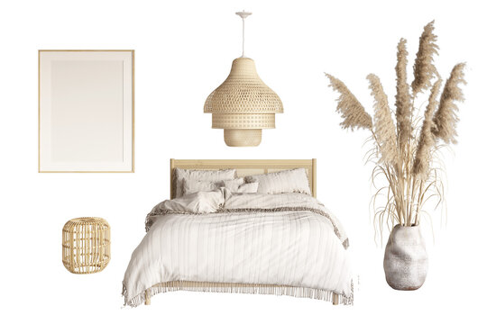 A set of rattan furniture bedroom. A bed with a rattan headboard and a tassel blanket, tall spikelets in a vase, a wicker chandelier, a bamboo nightstand, and a blank template poster. 3d render