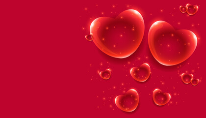 Pink Valentine's Day background with 3d hearts on red. Vector illustration. Cute love banner or greeting card. Place for text