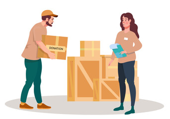 Charity organization accepting food, clothes, medicines donation. Boxes with donated things. Volunteers, voluntary workers. Financial support of the poor. Flat vector illustration.