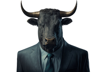 Portrait of a bull wearing a suite, dress shirt and tie on a transparent background, generative ai