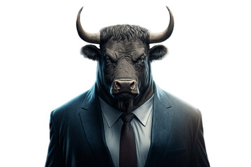Portrait of a bull wearing a suite, dress shirt and tie on a transparent background, generative ai - obrazy, fototapety, plakaty