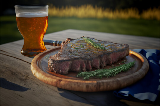 a tasty and beautiful plate of roast beef and a delicious glass of beer