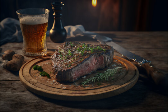 a tasty and beautiful plate of roast beef and a delicious glass of beer