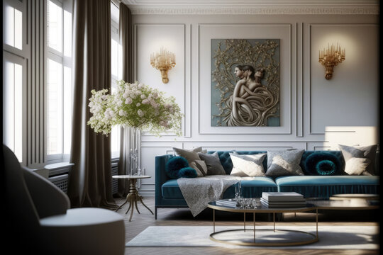 Luxury interior of home or hotel living room design with elegant retro stylish furniture decorated with antique expensive accessories. Peculiar AI generative image.