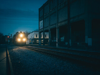 A train approaching at night, Louisville, Kentucky