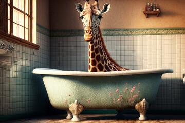 Odd illustration of a giraffe having a bath in an old english house. Artwork