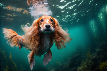 A mermaid dog swimming underwater. A fantasy creature a merge of a cute dog and a mermaid. Generative AI illustration