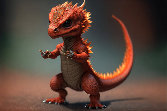 Cute fire dragon child, a baby dragon creature. Fantasy creature, a funny tiny fire dragon inside a stylish house. Generative AI illustration