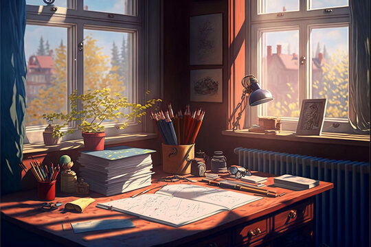 Elegant study table with books, pens, glasses and window with a landscape