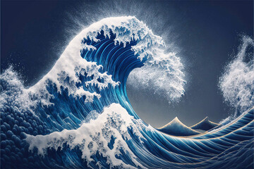 japanese art, ukiyo-e, wave, rough sea, Mount Fuji