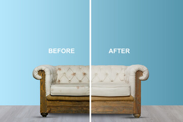 Sofa before and after dry-cleaning in room - obrazy, fototapety, plakaty