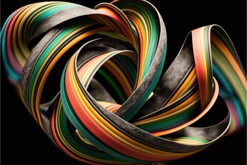 Abstract multi-colored twisted ribbon with striped pattern. Generative ai