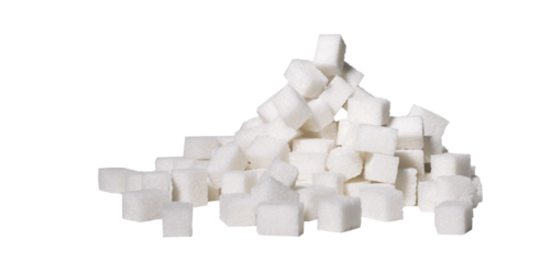Big refined sugar cubes, blocks heap, pile isolated on white background