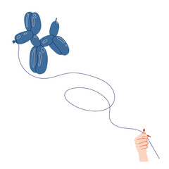 Hand holding a balloon in the form of a dog on a string, helium, flat illustration, decor