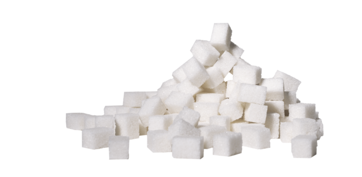 Big refined sugar cubes, blocks heap, pile isolated on white background