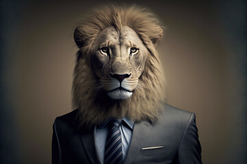 Portrait of lion in a business suit, generative ai