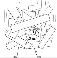 Person Under Falling Objects, Vector Cartoon Stick Figure Illustration