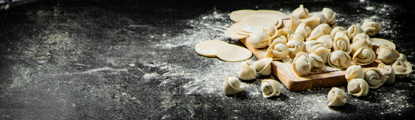 Fototapeta na wymiar Raw dumplings and round pieces of dough on a cutting board. 