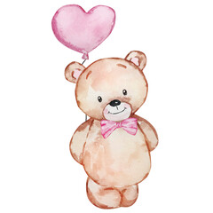 Watercolor illustration of Teddy Bear with balloon, Valentine's Day