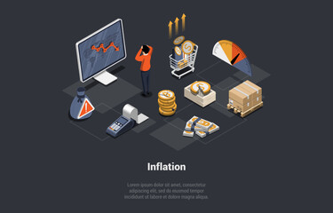 Global World Financial Crisis, Default, Inflation, Devaluation, Stock Market Crash. Shocked Man Investor Lose Money And Investments Looking At Downfall Trend Chart. Isometric 3d Vector Illustration