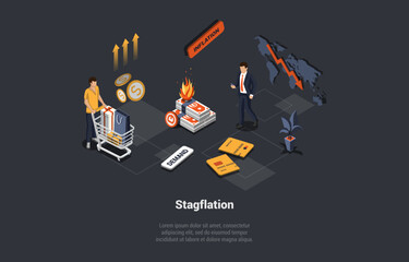 Stagflation, Unemployment, Bankruptcy, Unpaid Loans, Mass Dismissal. Man At Downtrend Background. Economic Policy Dilemma , High Inflation, Exacerbate Unemployment. Isometric 3D Vector Illustration