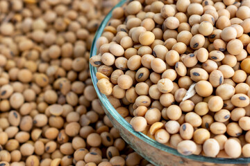 Closeup of soybeans in a glass bowl. 