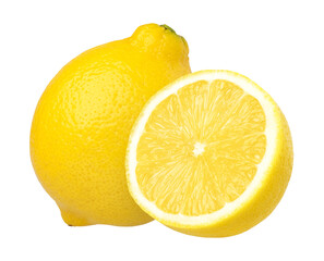 ripe lemon fruit and half isolated, Fresh and Juicy Lemon, transparent png, PNG format, cut out