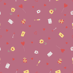 Valentine's day pattern. Seamless pattern with hearts, giftbox, flowers. Love background