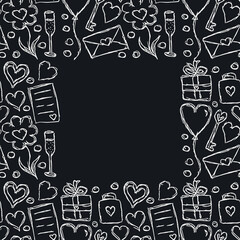 Valentine's day frame. Seamless background with hearts, giftbox, flowers. Love background