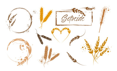 Grain plants silhouettes and cereal bowls. Coffee cups, beans and breakfast elements. Wheat, barley and ears of corn. Vector sketch illustration for food packaging design template.