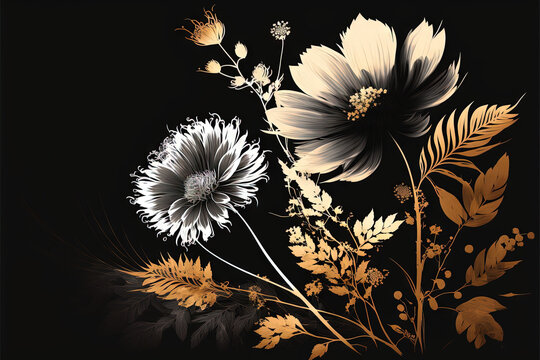 Flowers black white gold series - flower picture - amazing, beautiful flower background wallpaper created with Generative AI technology
