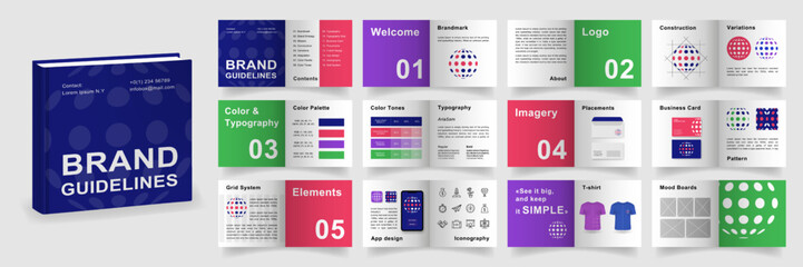Brand Guidelines template. Multicolored Logo Guideline template. Brand Manual presentation mockup. Logo Guide Book layout. Logotype presentation