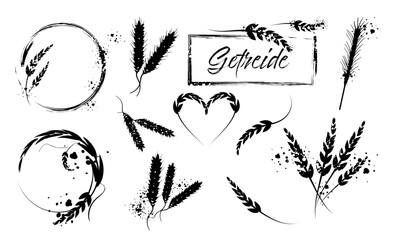 Grain plants silhouettes and cereal bowls. Coffee cups, beans and breakfast elements. Wheat, barley and ears of corn. Vector sketch illustration for food packaging design template.