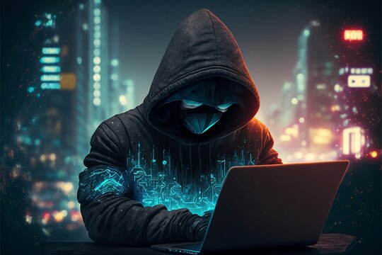Abstract hooded hacker with hidden face, working on laptop,Technology cyberpunk background ,Cinematic ,Generative ai